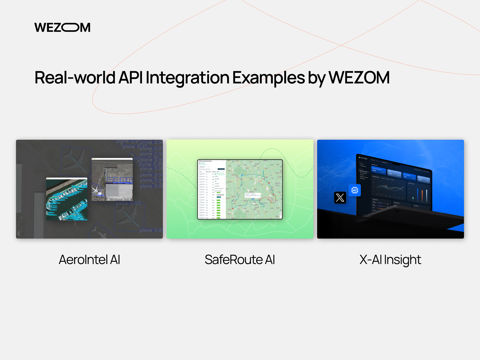 Real-world API integration examples by WEZOM including AeroIntel AI, SafeRoute AI, and X-AI Insight showcasing API platforms and tools